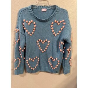 Pink Lily Sweater XS Blue Heart Pom Pom Knit Pullover Long Sleeve Cute